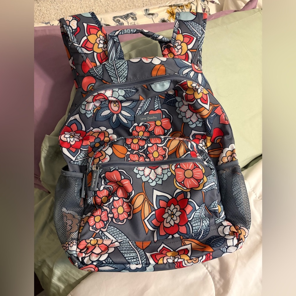 Vera Bradley Floral Backpack — Gray with Coral, Orange & Yellow Accents